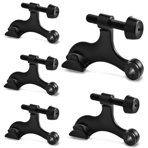 5 Pack Premium Hinge Pin Door Stopper Set, Adjustable Heavy Duty Door Stoppers with White Rubber Bumper Tips，Tool-Free Install, Quiet Close, Wall & Door Protection, Black (2-1/2" × 1-3/4")