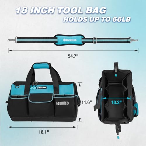 DURATECH 18-Inch Large Tool Bag with Waterproof Hard Bottom, Tool Bags for Men Heavy Duty with 19 Pockets, Wide Open Mouth Toolbag for Electricians Mechanic Plumber HVAC - size: 18 Inch