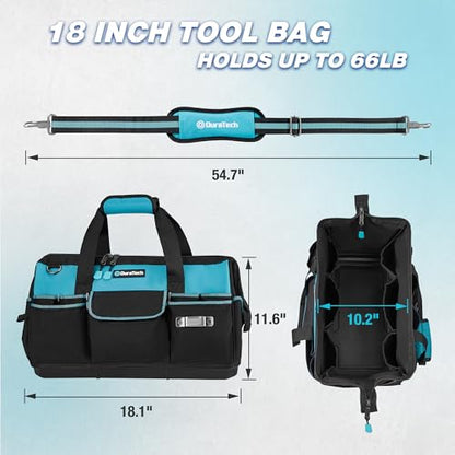 DURATECH 18-Inch Large Tool Bag with Waterproof Hard Bottom, Tool Bags for Men Heavy Duty with 19 Pockets, Wide Open Mouth Toolbag for Electricians Mechanic Plumber HVAC - size: 18 Inch