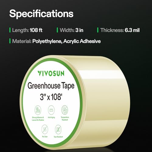 VIVOSUN Greenhouse Repair Tape, 6.3 mil 3" x 108' Weatherproof Clear Poly Patch Tape, Heavy Duty Greenhouse Sheeting Coverings Film Tape for Plastic Sheeting and Tents - size: 3”x108’