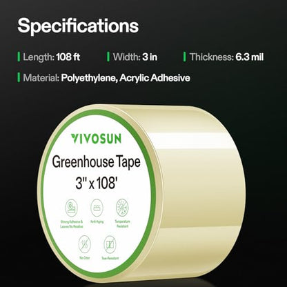 VIVOSUN Greenhouse Repair Tape, 6.3 mil 3" x 108' Weatherproof Clear Poly Patch Tape, Heavy Duty Greenhouse Sheeting Coverings Film Tape for Plastic Sheeting and Tents (Pack of 2) - size: 3”x108’ (Pack of 2)