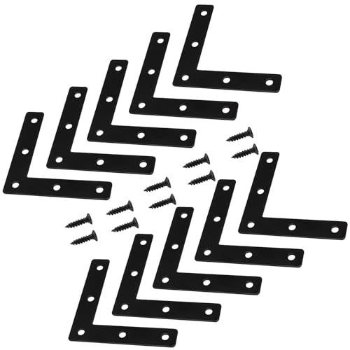 Hordion 10Pcs 3 x 3 Inch L Bracket Corner Brace (80 X 80mm), Iron Flat Corner Bracket, Metal L Shaped Support Brace, Right Angle Repair Plates with Screws - size: 3" x 3" (Black), style: L-Shape