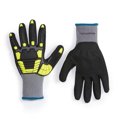 Amazon Basics Cut Level A1, Abrasion ANSI Level A4, Impact Resistant Safety Work Gloves, Touch Screen Friendly, Sandy Nitrile Coated Palm, Yellow, Size X-Large, 120-Pack - size: X-Large
