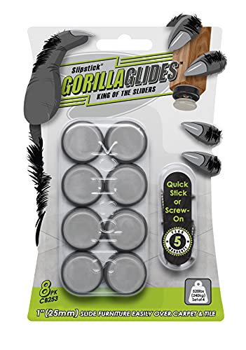 GorillaGlides CB253 1 Inch Chair Sliders/Furniture Glide Floor Protectors (Set of 8 Glides) Self-Adhesive Screw-On Glides, for Sliding on Hard Surface Floors and Low-Pile Carpet, Round - size: 1 Inch - 8 Pack