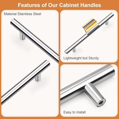 Probrico 5 Pack Hole Centers (128mm) 5inch Polished Chrome Kitchen Cabinet Handles Stainless Steel Polished Chrome Cabinet Pulls Round T Bar Pull Handle for Cabinets and Drawers Total Length 7.5inch - color: Polished Chrome, size: Hole Centers: 5"