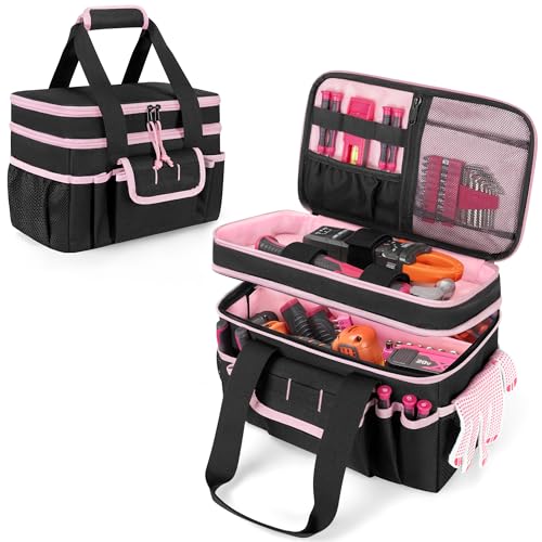 Tool Tote Bag for Women, Double Layer Tool Storage Organizer Bag with Divider for Electrician, Carpenters, Repairman, Black