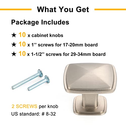 Brushed Nickel Cabinet Knobs Nickel Drawer Knobs, 10 Pack 1-1/4 Inch, 1990 Square Single Hole Cabinet Pulls for Kitchen Cabinets Drawers Bedroom Dresser Cupboard Bathroom Vanity - color: Brushed Nickel, size: 1-1/4 Inches, style: 10 Pack Square Knob