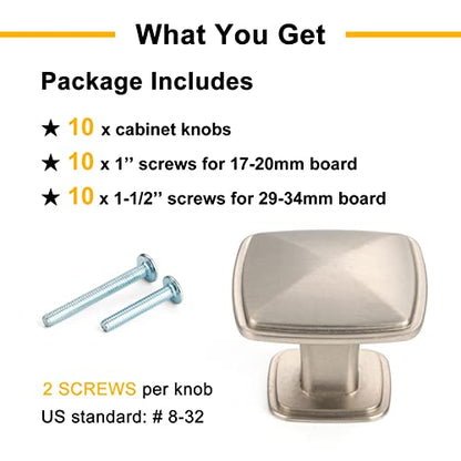 Brushed Nickel Cabinet Knobs Nickel Drawer Knobs, 10 Pack 1-1/4 Inch, 1990 Square Single Hole Cabinet Pulls for Kitchen Cabinets Drawers Bedroom Dresser Cupboard Bathroom Vanity - color: Brushed Nickel, size: 1-1/4 Inches, style: 10 Pack Square Knob