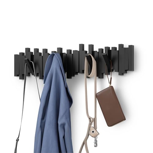 Umbra Sticks Wall-Mounted Coat Rack Rail Hook with 8 Retractable Pegs – Modern, Space-Saving Storage Organizer, Black - color: Black, size: 8-Hook