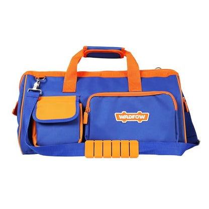 WADFOW 19-inch Tool Bag, Waterproof Wide Mouth Storage Bag with Adjustable Shoulder Straps for Professional and Daily Use,Blue and Orange