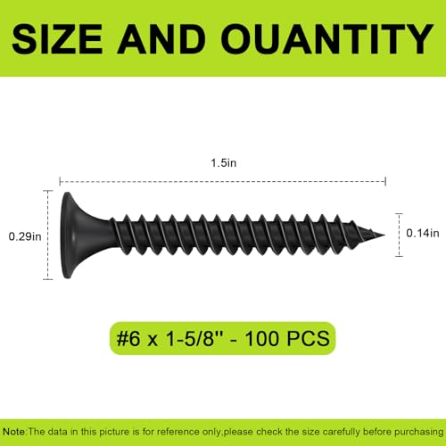 #6 x 1-5/8" Black Wood Screws -100Pcs, Phillips Head Fast Flat Self-Tapping Screw, Coarse Thread Drywall Screws, Carbon Steel, for Wood Plastic&Drywall - color: #6 x 1-1/2" -100 Pcs