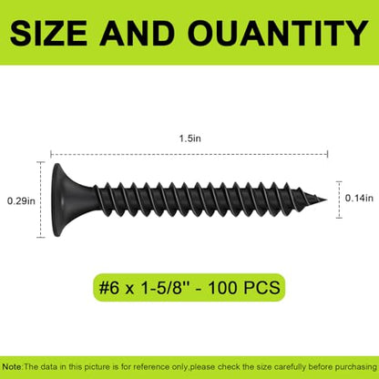 #6 x 1-5/8" Black Wood Screws -100Pcs, Phillips Head Fast Flat Self-Tapping Screw, Coarse Thread Drywall Screws, Carbon Steel, for Wood Plastic&Drywall - color: #6 x 1-1/2" -100 Pcs