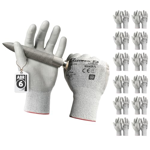 Schwer 12 Pairs Safety Work Gloves with Certified Level 6 Abrasion Resistance, ANSI A2 Cut Resistant Working Gloves with Grip for General Use, Construction, Gardening, Mechanic, 3D-Comfort, LT5636, L - size: Large, style: 12 Pairs