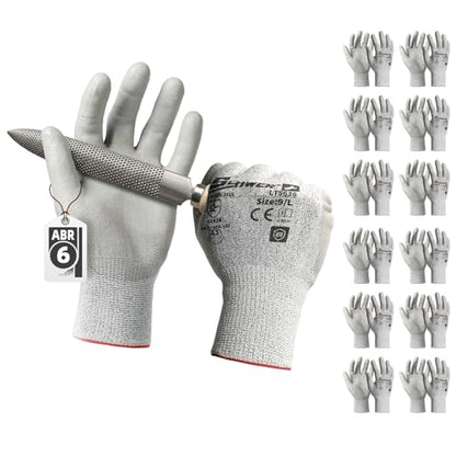 Schwer 12 Pairs Safety Work Gloves with Certified Level 6 Abrasion Resistance, ANSI A2 Cut Resistant Working Gloves with Grip for General Use, Construction, Gardening, Mechanic, 3D-Comfort, LT5636, L - size: Large, style: 12 Pairs