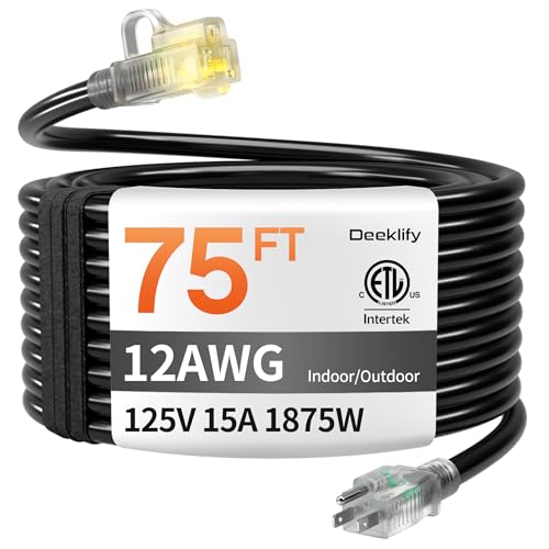 12AWG 75 FT Heavy Duty Outdoor Extension Cord Waterproof with Lighted End,Black 12 Gauge Extension Cord Flexible and Cold Resistant 3 Prong Grounded Plug,15Amp 1875W SJTW ETL Listed - size: 75ft-1pc