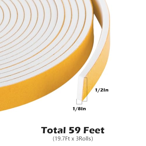 Adhesive Foam Tape 59 Feet, Soundproofing Neoprene Rubber Tape Door Insulation Weather Weatherproof Stripping, 1/2" Wide X 1/8" Thick, 19.7 Ft X 3 Rolls - color: White, size: 1/2 In x 1/8 In x 59Ft