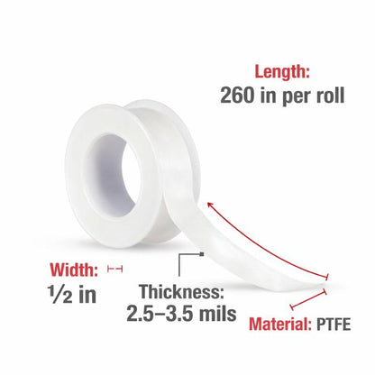 PTFE Thread Seal Tape 1/2 Inch x 260 Inch Value Pack, White Plumbing Pipe Wrap for Threaded Connections, for Home, Workshop & Industrial Use