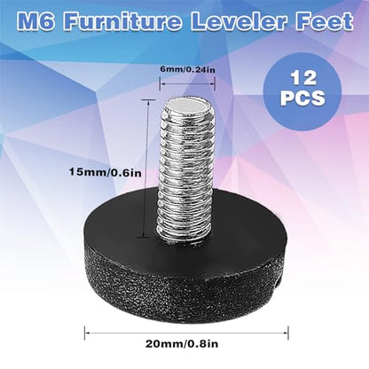 12 Pack Furniture Leveling Feet Adjustable Furniture Feet Table Legs Heavy Duty Leveling Feet Screw on Furniture Levelers for Table Cabinets Chairs Bar Stool Desk Dresser Wood Legs (M6) - size: M6