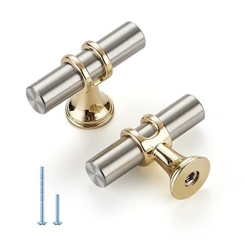 HOME EDIT Brushed Nickel and Brushed Brass Cabinet Knobs Handles, Single Hole Modern T-Bar Drawer Pulls, Decorative Hardware for Cabinets, Dressers, and Drawers, 10 Pack - color: Brushed Brass and Brushed Nickel, size: Single Hole