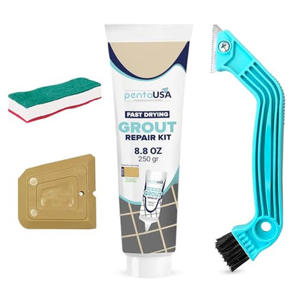 PentaUSA Tile Grout Repair Kit with Removal Tool - Premixed Acrylic Sanded Grout Filler for Bathroom, Shower, and Kitchen, Includes Applicator Spatula, and Sponge Warm Beige (8.8oz / 250g) - style: Warm Beige