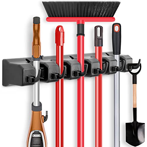 IMILLET Mop and Broom Holder, Wall Mounted Organizer-Mop and broom Storage Tool Rack with 5 Ball Slots and 6 Hooks (Black) - color: 1 Pack