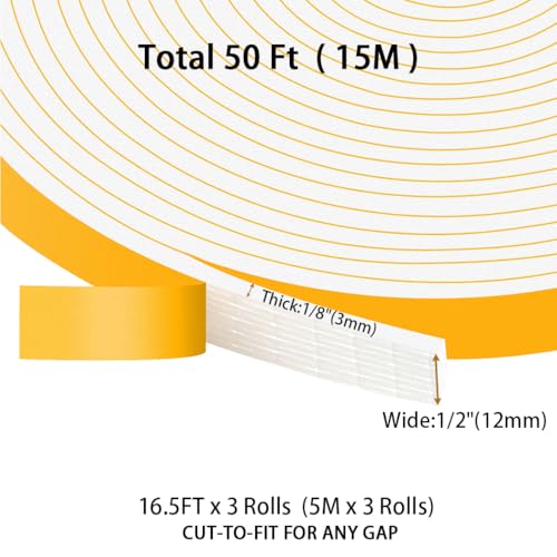 Foam White Weather Stripping Door Seal 1/2 in x 1/8 in x 50Ft,Strong Adhesive,Soundproof,Weatherproof Foam Insulation Tape, Whole-Home Narrow Gap Sealing - color: White, size: 1/2 in x 1/8 in x 50 Ft