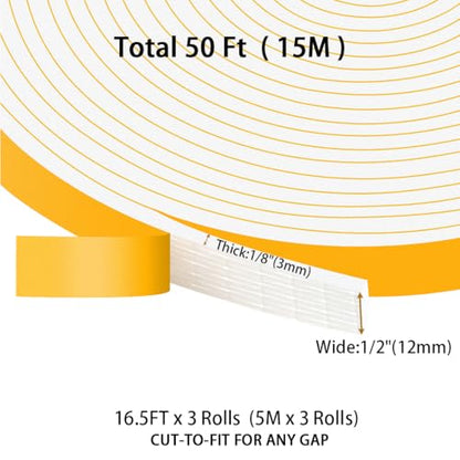 Foam White Weather Stripping Door Seal 1/2 in x 1/8 in x 50Ft,Strong Adhesive,Soundproof,Weatherproof Foam Insulation Tape, Whole-Home Narrow Gap Sealing - color: White, size: 1/2 in x 1/8 in x 50 Ft