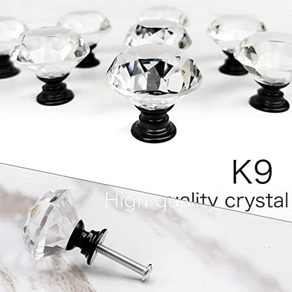 Akstore 6 Pcs Crystal Glass Cabinet Knobs 30mm Diamond Shape Drawer Kitchen Cabinets Dresser Cupboard Wardrobe Pulls Handles (30mm, Clear-Black) - color: Clear-Black, size: 30 mm
