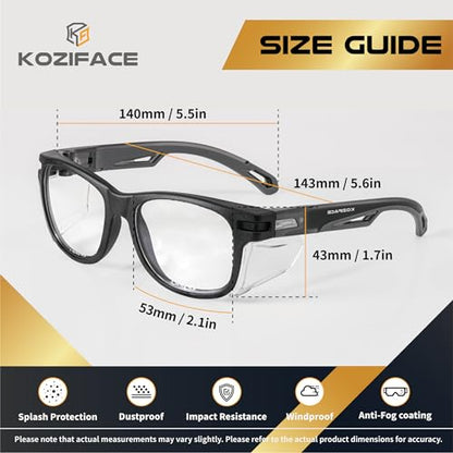 KOZIFACE E52 Anti-Fog Safety Glasses, ANSI Z87.1 Eye Protection with Side Shields, Clear Lens, Lightweight for Work, Lab DIY - color: Black