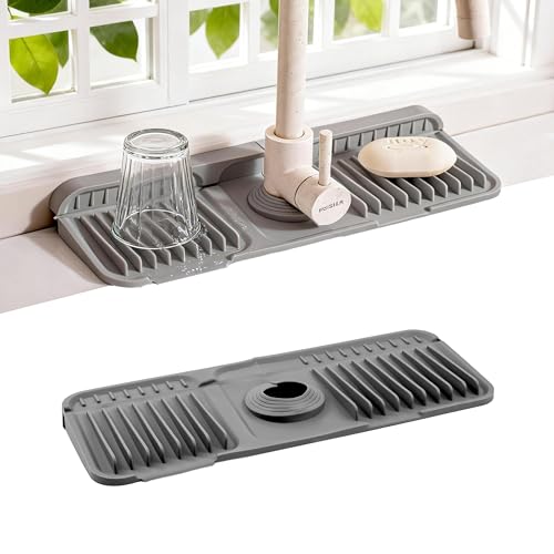 ZJWZLG Faucet Mat for Kitchen Sink, 14"X5.5" （Grey）Silicone Sink Protector with 7° Slope & Customizable Hole, Stops Splashes & Drains Water Fast - color: Gray, size: 14" x 5.5"
