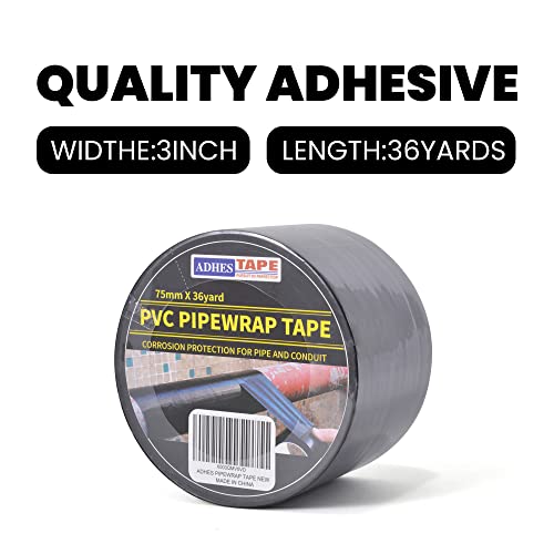 ADHES Corrosion Protection Pipe Tape, PVC Weatherproof Wrap Duct Tape for Drain Pipe, Metal & Electrical Piping, Outdoor, Underground Pipe, 3 Inch X 36 Yds, Black - size: 3in x 36yd