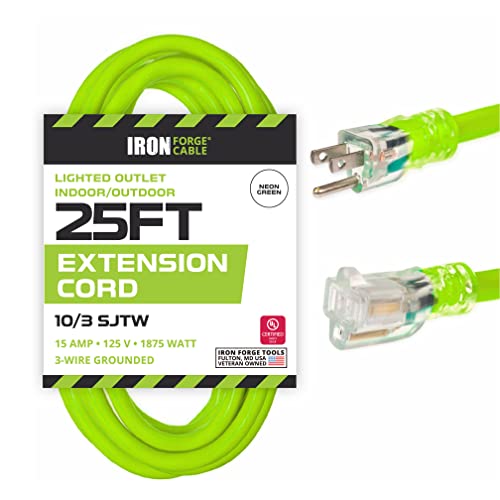 Iron Forge Cable 10 Gauge Extension Cord 25 ft, 10/3 Heavy Duty Extension Cord 25 Foot 3 Prong Lighted End, SJTW Weatherproof Light Green Outdoor Power Cable for Major Appliances - US Veteran Owned - color: Neon Green, size: 25 Foot