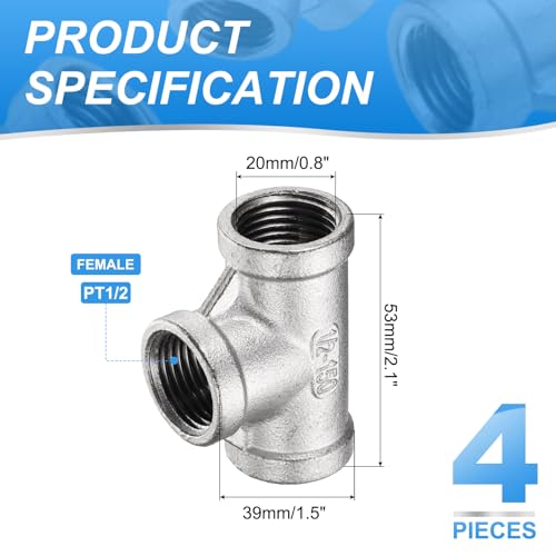 uxcell 4 Pcs 304 Stainless Steel Tee Pipe Fittings G1/2" Female Tee Adapter 3 Way t Shaped Cast Pipe Fitting Connector with Seal Tape for Plumbing Drainage Pipes Heating Systems - size: G1/2"