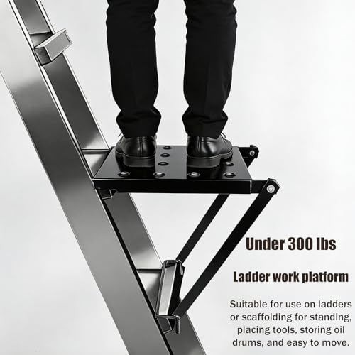 Foldable Ladder Platform, 300lbs Capacity Non-Slip Stable Work Tray Attachment Metal Ladder Step Platform for Painters, Tools & DIY (Black)