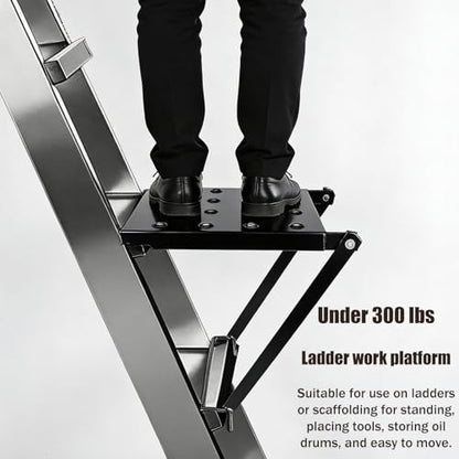 Foldable Ladder Platform, 300lbs Capacity Non-Slip Stable Work Tray Attachment Metal Ladder Step Platform for Painters, Tools & DIY (Black)