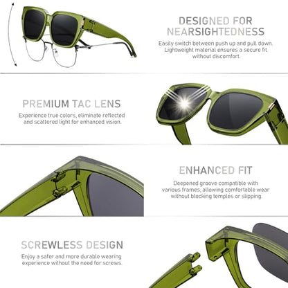 HAOLOTA Polarized Fit Over Glasses Sunglasses for Women Men Trendy Square Wrap Around Shades UV Protection - color: L Size 02 Green/Grey