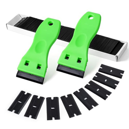 FOSHIO 2PCS Plastic Razor Blade Scraper Tool and 100PCS Plastic Blades for Gasket Remover, Sticker Remover, Labels Decal and Adhesive Remover for Windows and Glass (Lime Green) - color: Lime Green