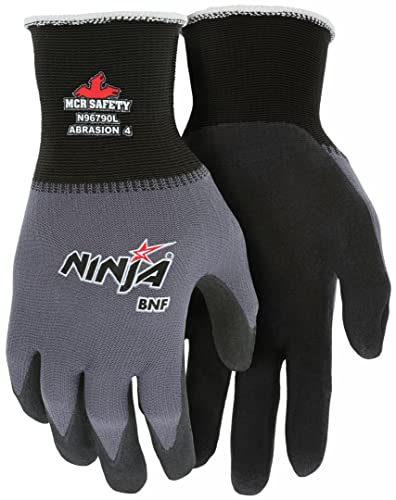 MCR Safety Gloves N96790XS Ninja BNF 15 Gauge Work Gloves, Nylon/Spandex Shell with NFT Coated Palm & Fingertips, Black/Grey, XS - size: X-Small