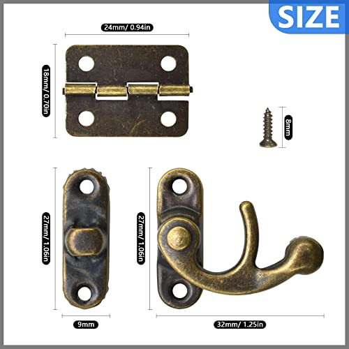 40Pcs Antique Bronze Box Hinges and 20 Sets Antique Right Latch Hook Hasp Wood Jewelry Box Hasp Catch with Matching Screws Kit for Decorative DIY Jewelry Cabinet Small Wooden Box