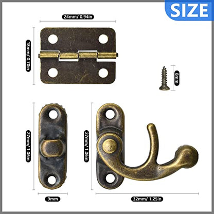 40Pcs Antique Bronze Box Hinges and 20 Sets Antique Right Latch Hook Hasp Wood Jewelry Box Hasp Catch with Matching Screws Kit for Decorative DIY Jewelry Cabinet Small Wooden Box