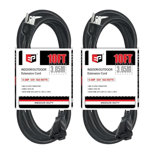 EP 2 Pack 10FT Black Outdoor Extension Cord, 16/3 SJTW Heavy Duty Waterproof, 3 Prong Grounded Plug, 13A 1625W 16AWG, Cold-Resistant Flexible Power Cable for Garden, Home, Christmas Lights - color: Black, size: 10ft-2pk