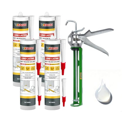 VGS 798 Professional Silicone Sealant Caulk 10.15 Oz Cartridge, 4 Pack – for Kitchen & Bathroom, Clear, Flexible & Durable Waterproof Sealant - style: 4 Pack With Caulking Gun