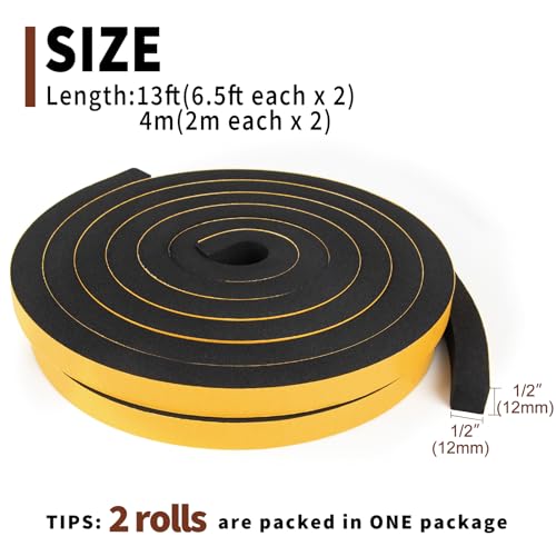 Yotache Self Adhesive Foam Gasket Tape 2 Rolls 1/2" W X 1/2" T (New Adhesive Craft) for Doors Soundproofing Weather Seal Strip Insulation, 13 Ft Length (2 X 6.5 Ft Each) - size: 1/2"x1/2"x13 Ft
