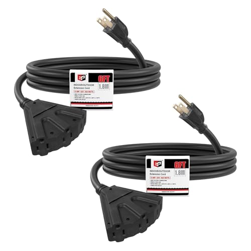 EP 6 Ft 16 Gauge Blackn Indoor Outdoor Extension Cord with 3 Outlets, 13A 1625W 125V, 16/3 SJTW Power Cord, 3 Prong Grounded Plug for Lights, Garden and Major Appliances, ETL Listed, 2Pk - color: Black, size: 6ft-2PK