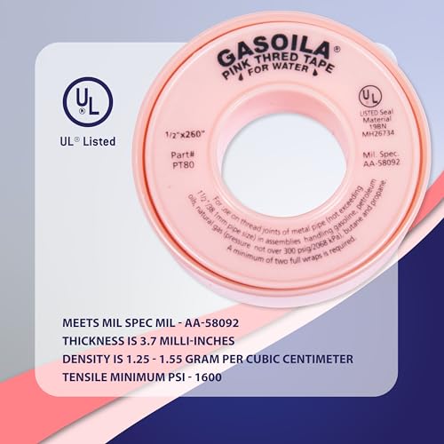Gasoila Pink PTFE Thread Seal Tape – Professional-Grade High-Density Thread Tape for Water Lines – Leak-Proof Seal, Non-Toxic (1/2 Inch x 260 Inch Roll)