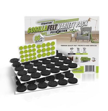 Slipstick Gorilla Felt 1 Inch Furniture Pads (88 Piece Combo) Premium Furniture Pads & Chair Leg Floor Protectors for Hardwood Floors & Hard Surfaces - size: 1 Inch 88 Piece Combo Pack