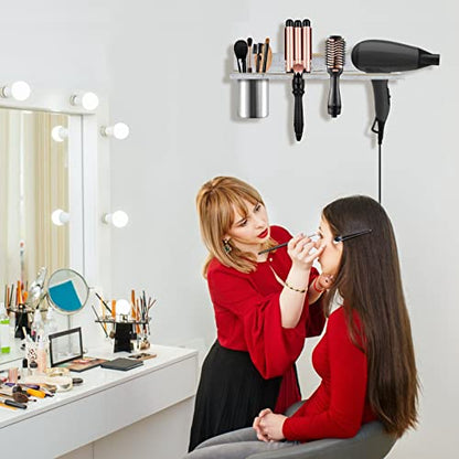 Hair Tool Organizer Wall Mounted, Sturdy Pine Wood Construction, Removable Stainless Steel Cup, Holds Hair Dryers, Straighteners, Curling Irons, Brushes, and More, White - color: White