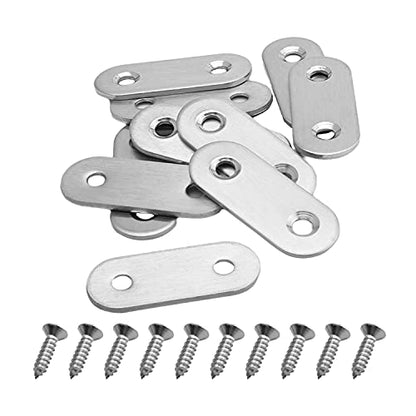 MroMax 10Pcs 201 Stainless Steel Straight Brackets 1.57" x 0.63" Flat Straight Braces Brushed Metal Fixed Connecting Plate for Repairing Furniture, Bookcase, Table, Chair Legs 2 Holes with Screws - size: 1.57"x 0.63"x 0.08"(LxWxT)