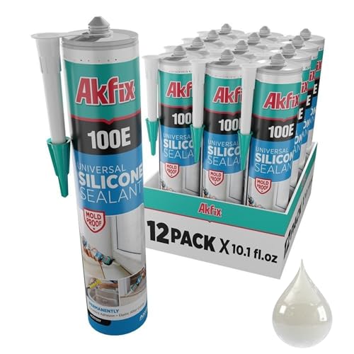 Akfix 100E RTV Silicone Caulk Clear (12x10.1 fl.oz.)- 100% Silicone Sealant Waterproof for Kitchen and Bathroom, Shower, Window and Door | Clear, 12 Pack - color: Clear, size: 12 Pack