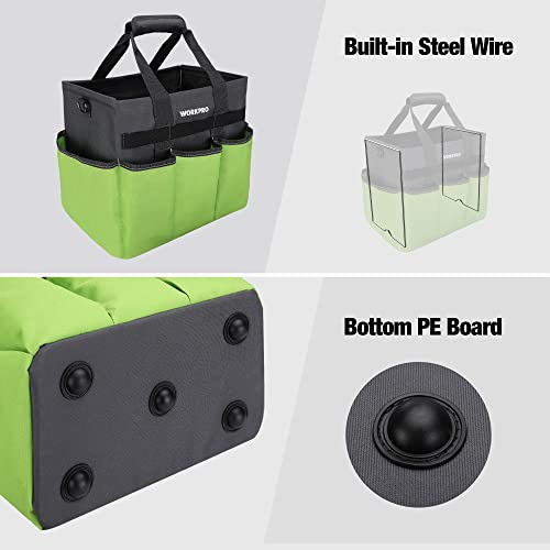 WORKPRO Garden Tool Bag Organizer, Heavy Duty Gardening Tote Bag with 10 Pockets and Long Adjustable Shoulder Strap, Standable Garden Home Tool Kits Organizer, Green (Tools are not Included) - color: Green